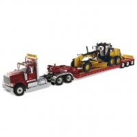 International HX520 Tandem тягач + XL 120 HDG трейлер с  Cat 12M3 автогрейдером - красный 1:50