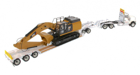 International HX520 Tandem тягач + XL 120 HDG трейлер outriggers с Cat349F L XE гидравлическим экска