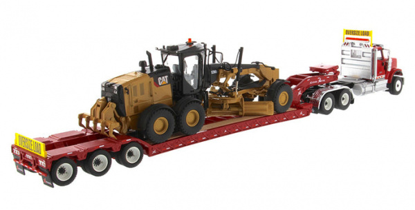 International HX520 Tandem тягач + XL 120 HDG трейлер с  Cat 12M3 автогрейдером - красный 1:50
