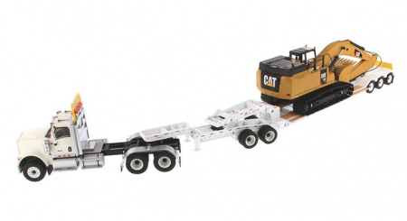 International HX520 Tandem тягач + XL 120 HDG трейлер outriggers с Cat349F L XE гидравлическим экска
