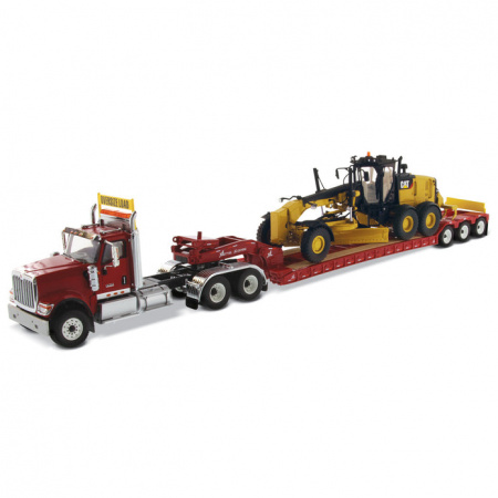 International HX520 Tandem тягач + XL 120 HDG трейлер с  Cat 12M3 автогрейдером - красный 1:50