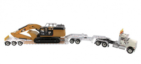 International HX520 Tandem тягач + XL 120 HDG трейлер outriggers с Cat349F L XE гидравлическим экска