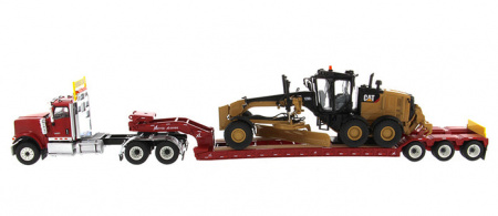 International HX520 Tandem тягач + XL 120 HDG трейлер с  Cat 12M3 автогрейдером - красный 1:50
